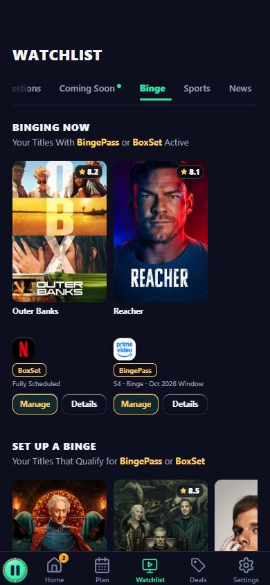 Binge Screen With Active BoxSet and BingePass Titles