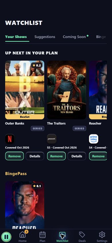 Watchlist With Outer Banks, The Traitors, and Reacher, With the App’s Original Bottom Navigation