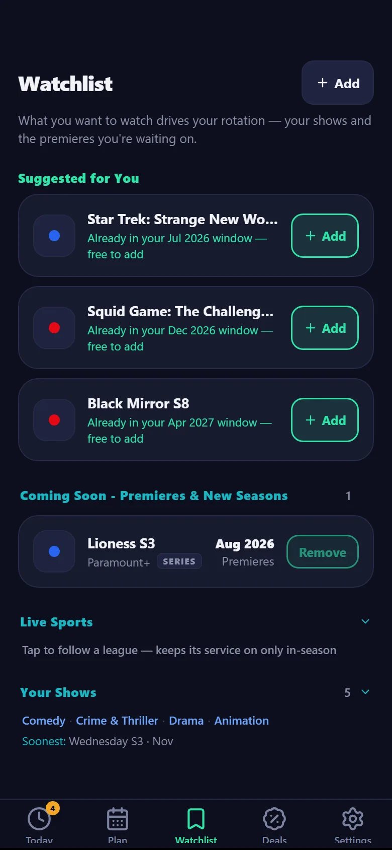 Watchlist tab with your shows, Suggested for You picks, and Coming Soon premieres — demo data